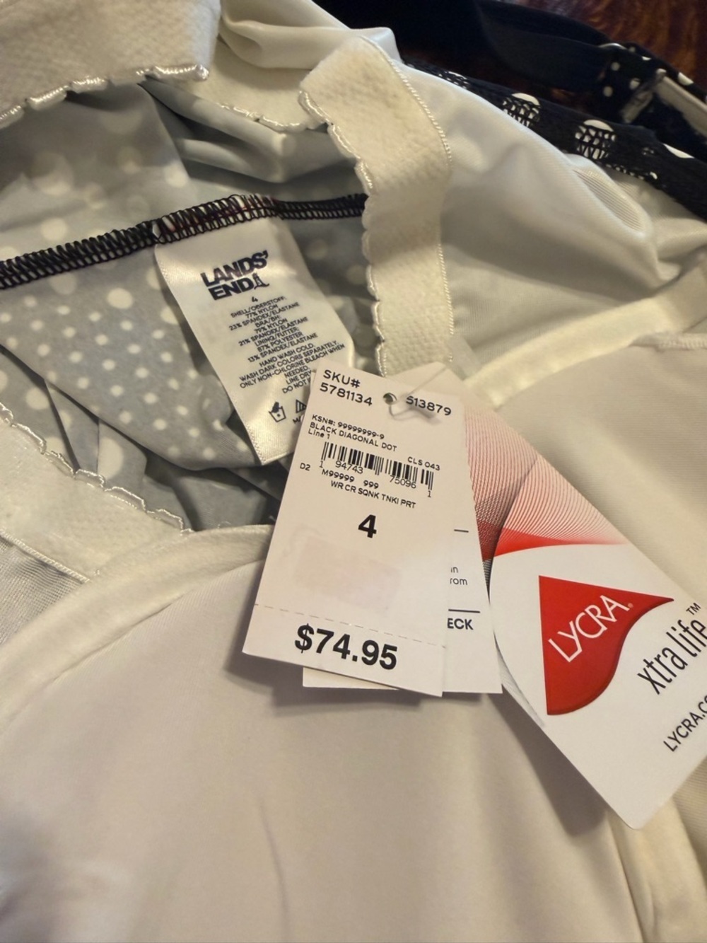 Lands’ End Black & White Polka Dot Stripe Tankini Top Size 4 New with Tags - Picture 3 of 3